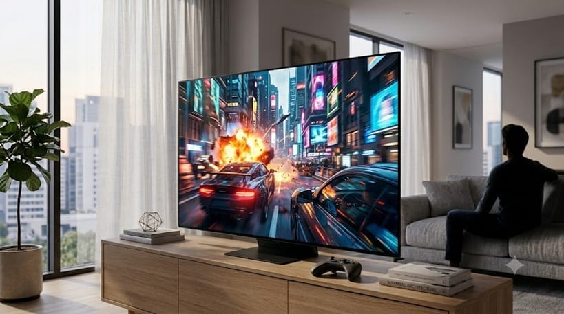 Watching a streaming movie on an OLED TV in a living room