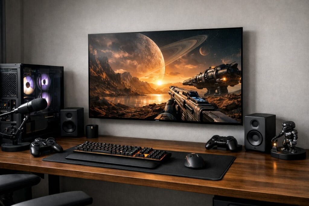 best OLED TVs for PC gaming desk setup with monitor arm