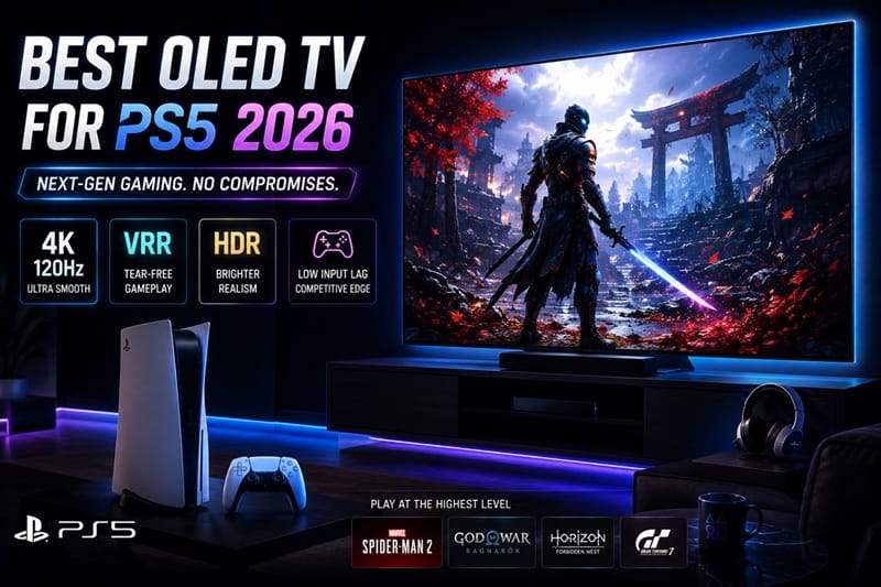 best OLED TV for PS5 2026 — gaming setup in dark room with PS5 console