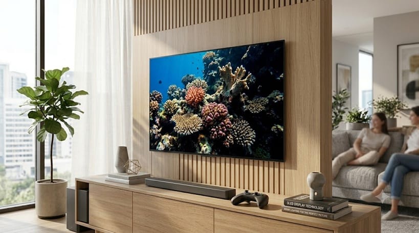 bright living room with OLED TV mounted on wall