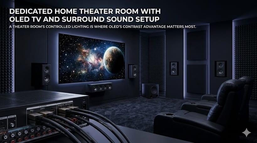 dedicated home theater room with OLED TV and surround sound setup