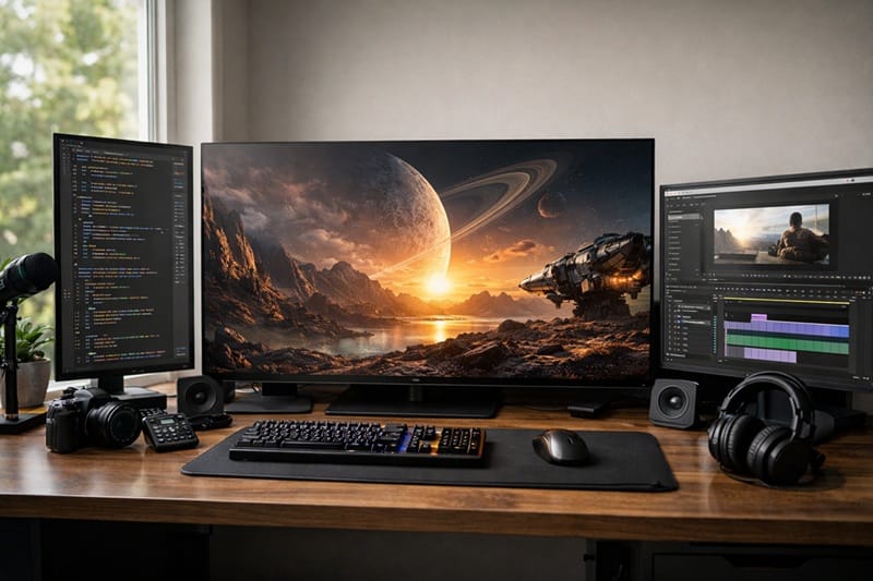 dual monitor desk setup with OLED TV as center display