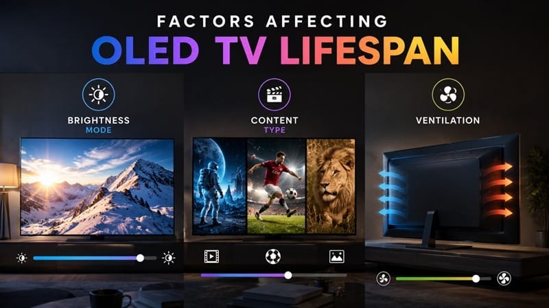 factors affecting OLED TV lifespan brightness content type ventilation