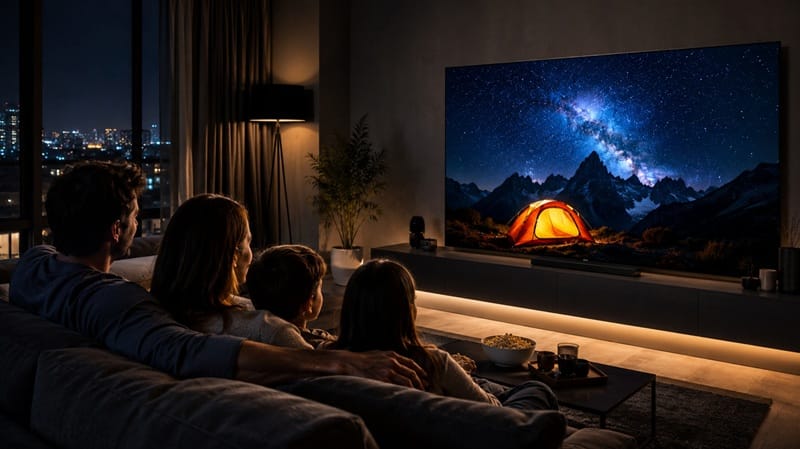 family watching movie on OLED TV at night