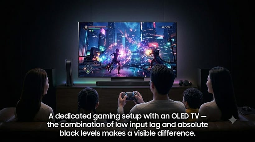 gaming setup with OLED TV showing PS5 game in dark room