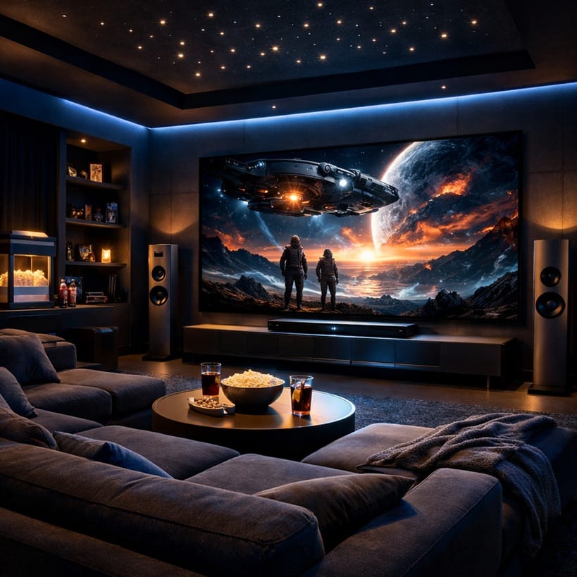 home theater movie night setup with OLED TV