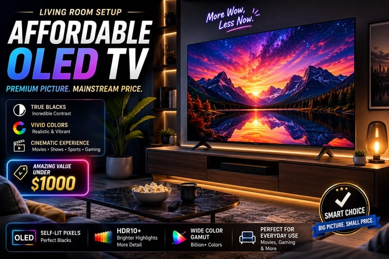 living room setup showing affordable OLED TV