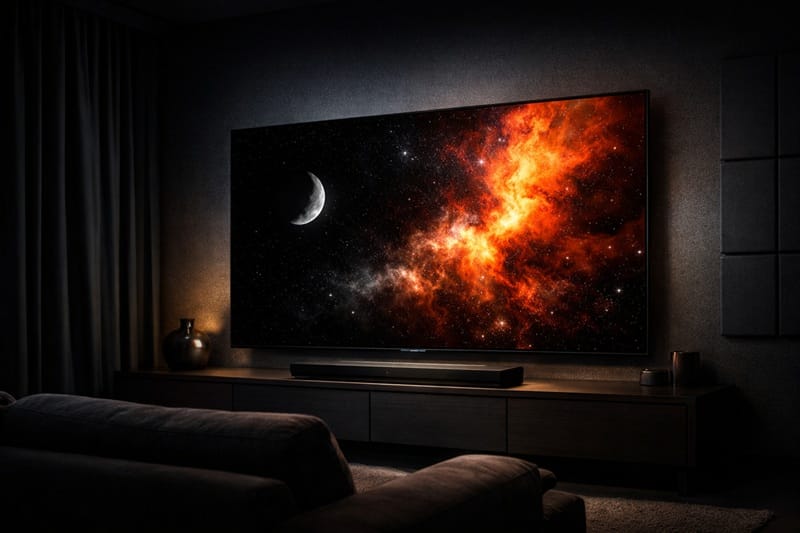 OLED TV movie night living room setup