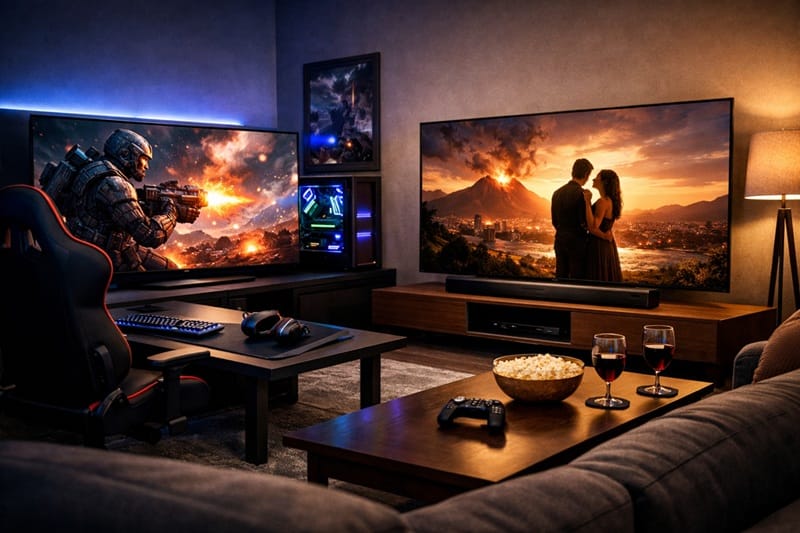 premium OLED TV setup in a living room with gaming console
