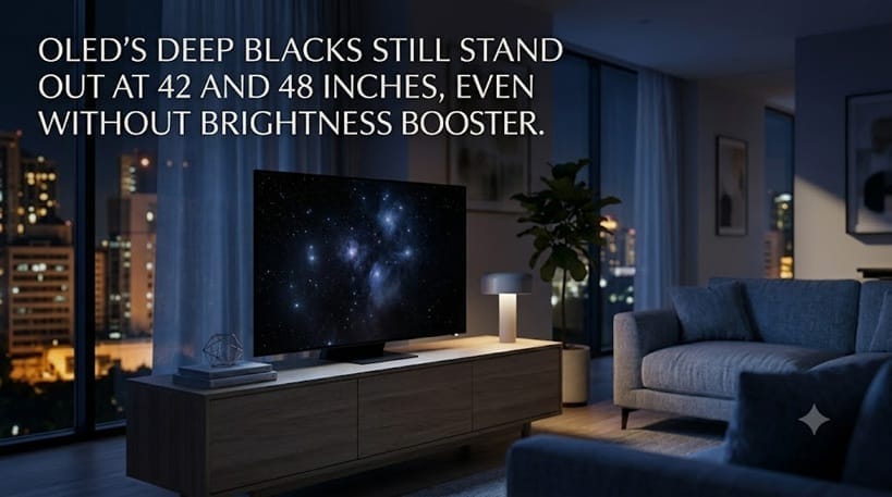 small apartment living room with compact OLED TV at night