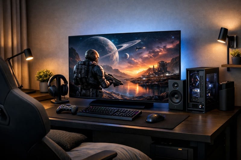 small room OLED TV setup with gaming console