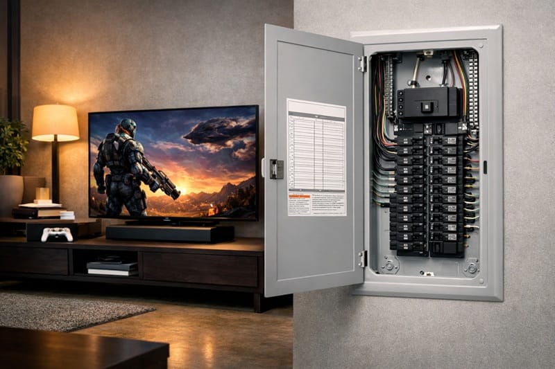 Circuit breaker panel near a home entertainment setup