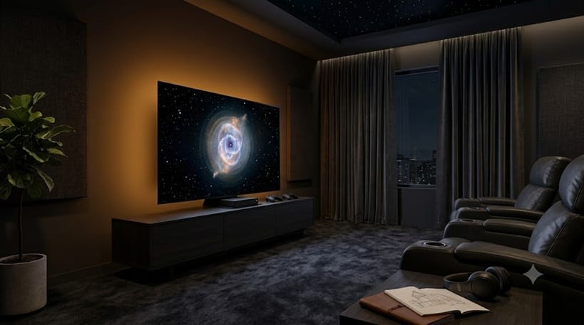 Dark home theater room with LG OLED TV