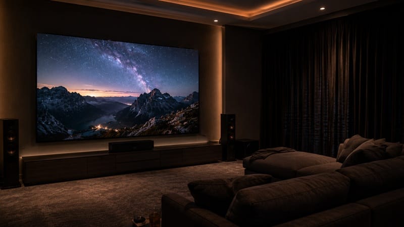 Dark room home theater seating in front of TV