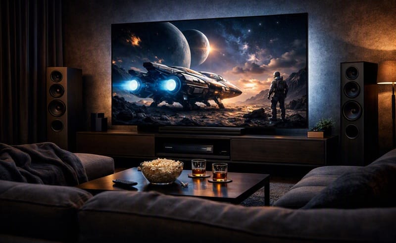 Dark room movie viewing setup with a mini-LED TV