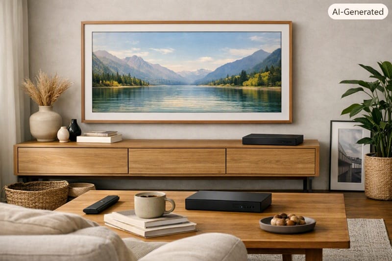 Frame Pro mounted in living room with One Connect box nearby