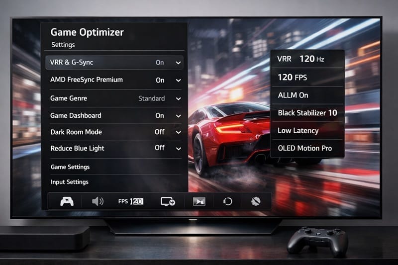 Game Optimizer menu VRR settings on an LG OLED TV