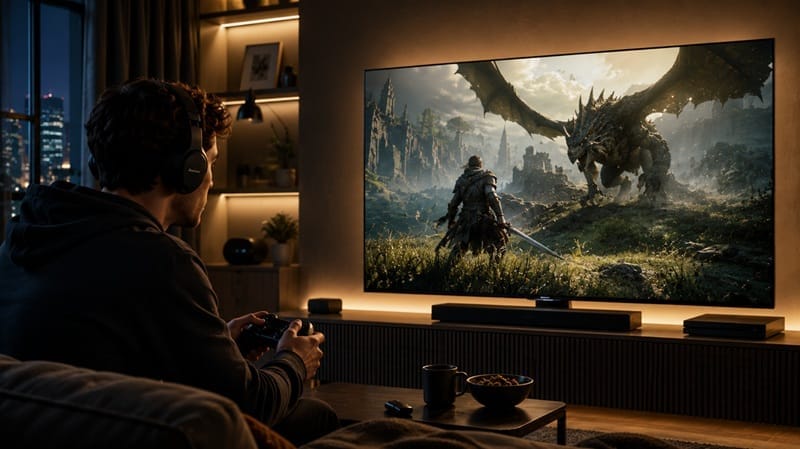 Gamer using LG OLED TV for console gaming setup