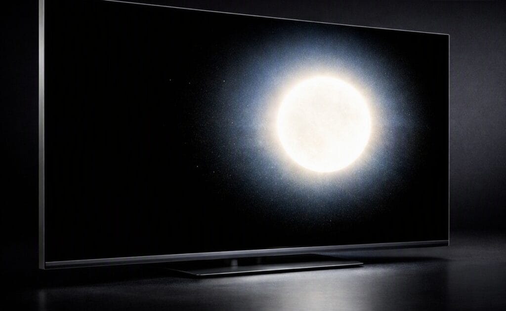 Hisense mini LED blooming halo around bright object on dark screen