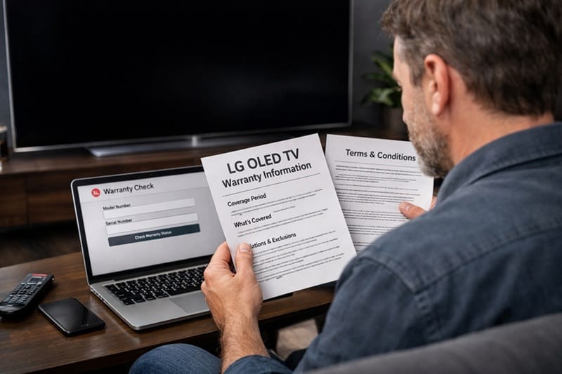 LG OLED TV owner checking warranty coverage documents