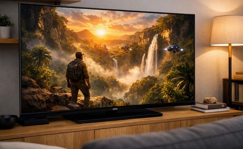 Living room Hisense TV displaying HDR movie scene