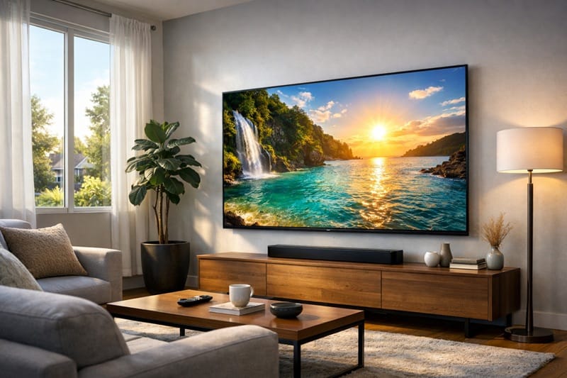 Living room with a bright OLED TV displaying HDR content