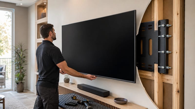 Living room with a properly wall-mounted Samsung TV