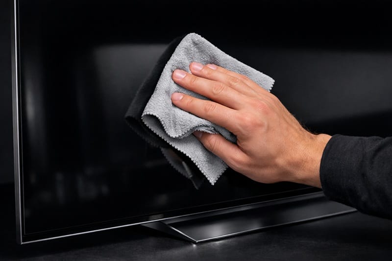 Microfiber cloth used to clean an OLED TV screen