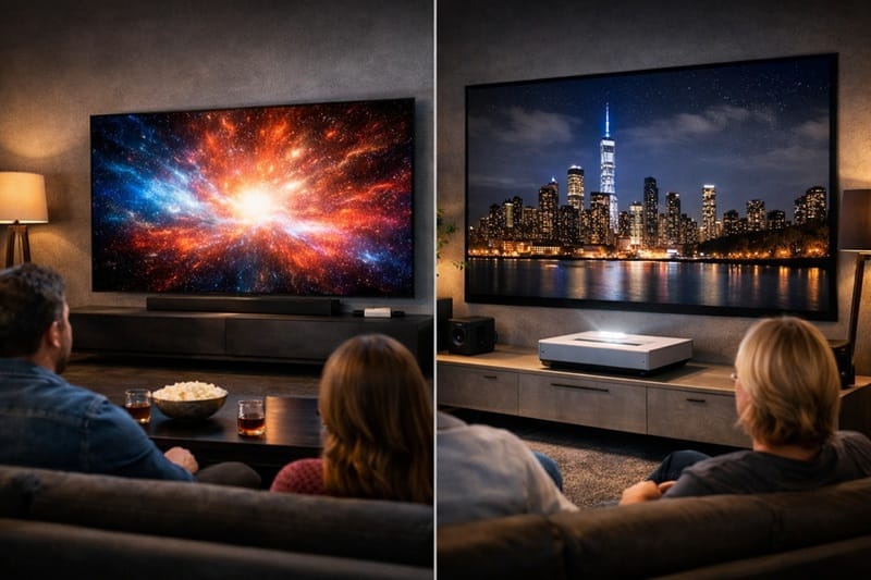 OLED TV vs projector home theater setup comparison