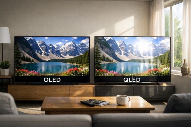 OLED vs QLED brightness glare bright room