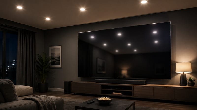 Overhead lighting reflecting off mini-LED TV screen