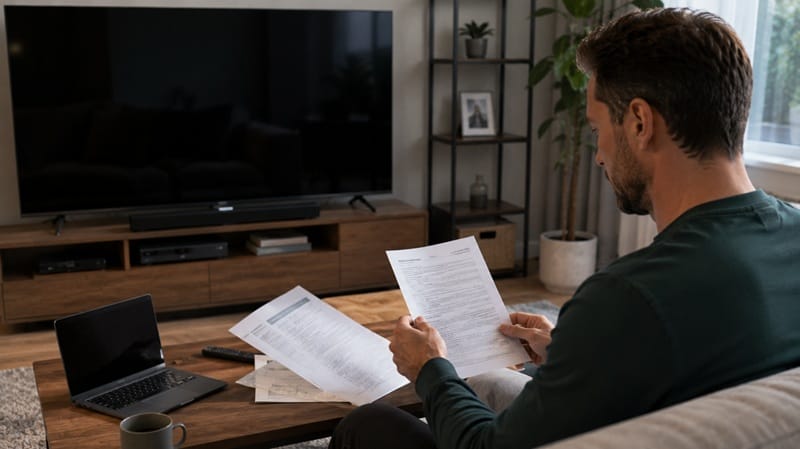 Owner checking Hisense TV warranty documentation at home