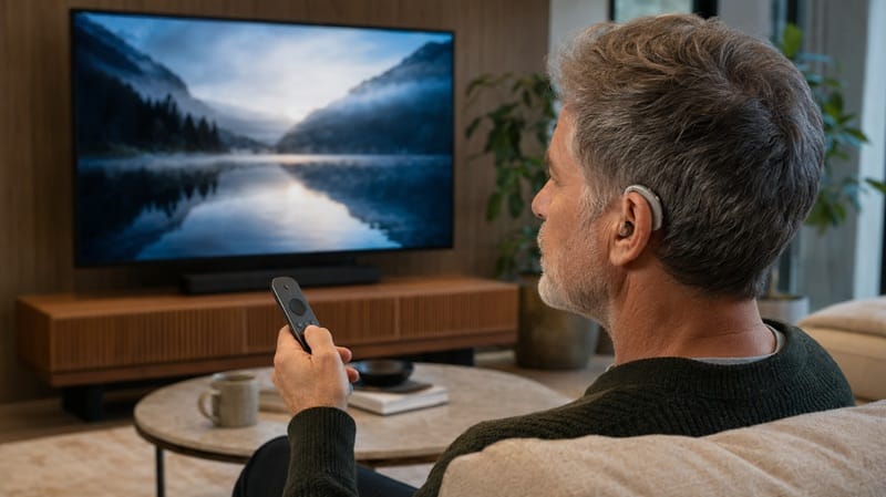 Person adjusting TV volume settings while wearing hearing aids