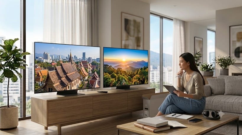 Person comparing LG OLED TV models before selling