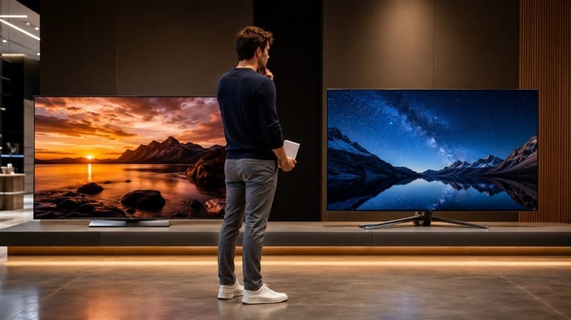 Person comparing Samsung and LG OLED TV options before buying