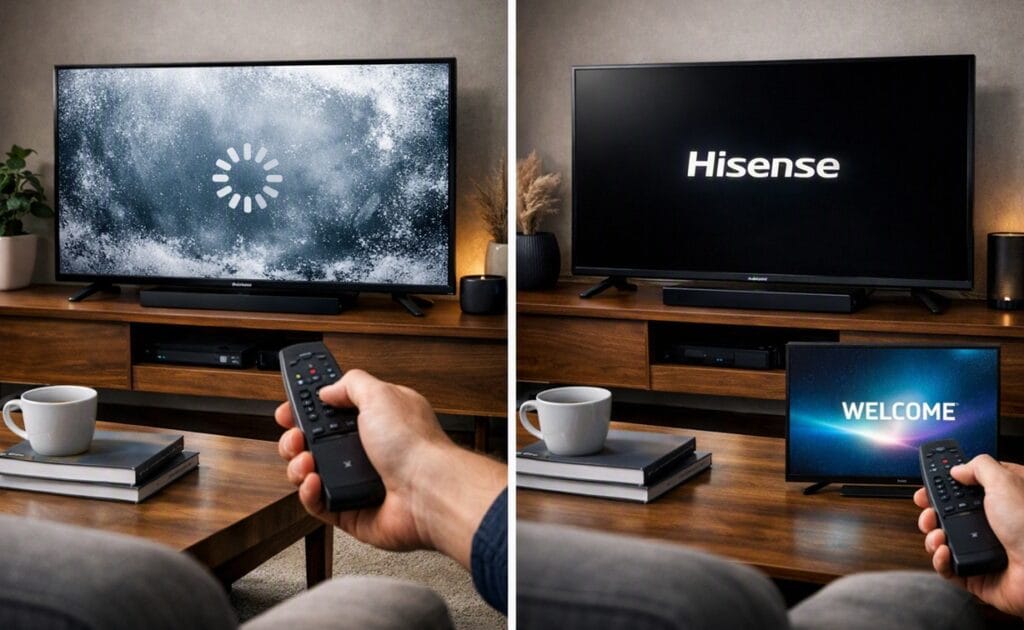 Person power cycling a Hisense TV to fix freezing