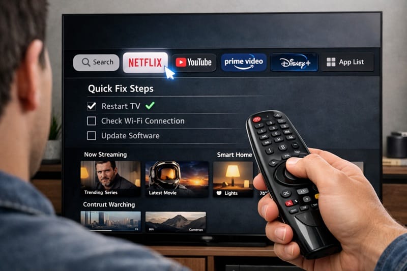 Person using LG Magic Remote to navigate apps