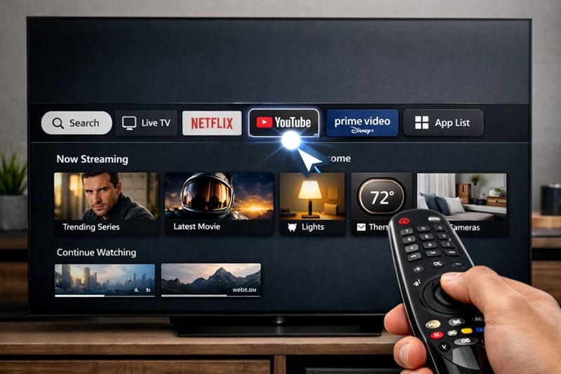 Person using LG Magic Remote to navigate webOS