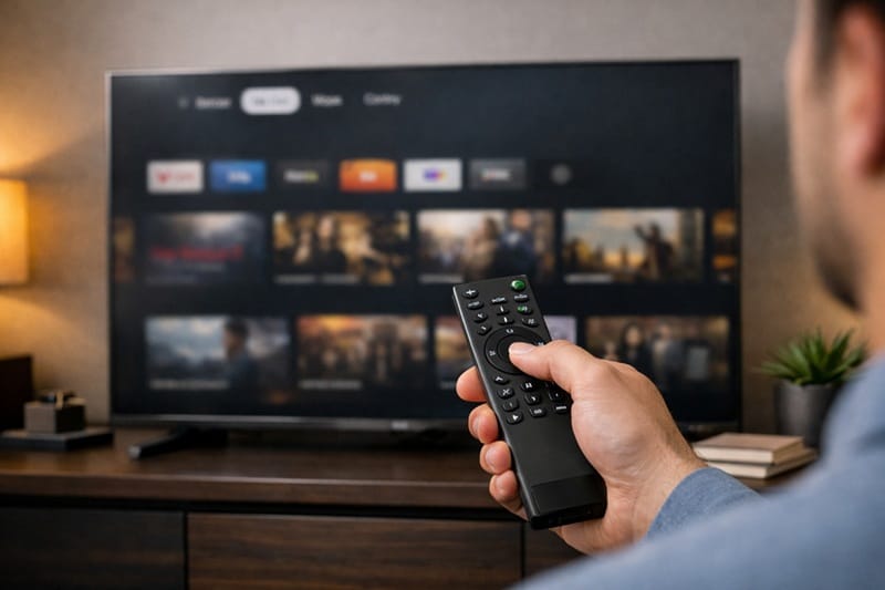 Person using Sony TV remote to navigate Google TV menu