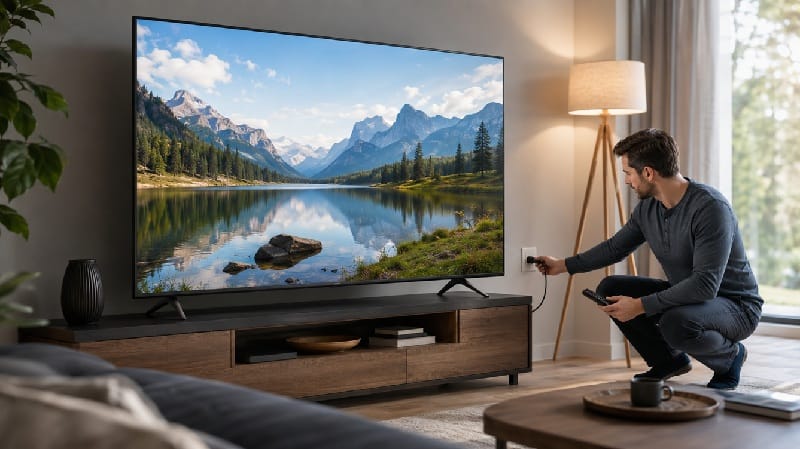 Remote control pointed at a TCL Google TV