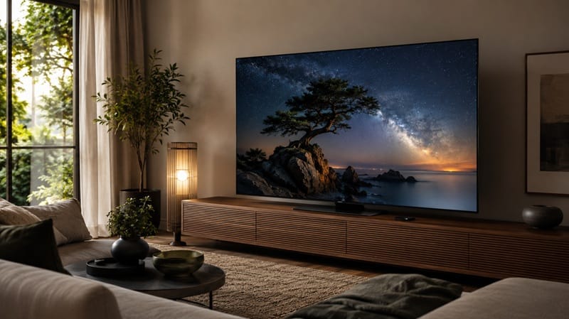 Samsung 77S85H review โ 77-inch OLED TV on stand in living room