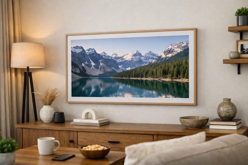 Samsung Frame TV mounted with hidden One Connect cable