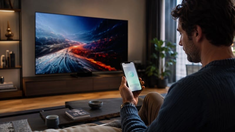 Samsung OLED TV owner reviewing warranty registration on phone