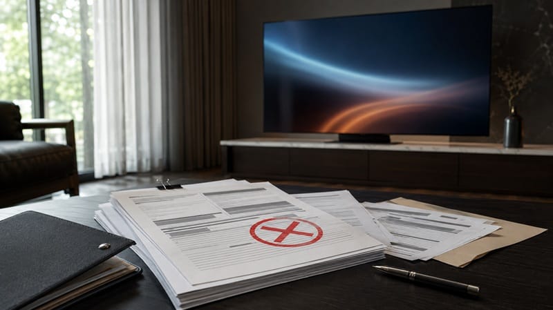 Samsung OLED warranty denied claim paperwork with TV in background