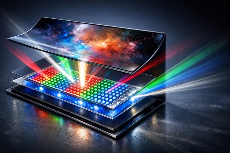Samsung QD-OLED panel structure diagram showing viewing angle consistency