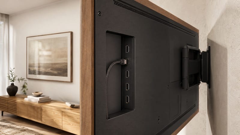 Samsung QN75LS03HE ports and design — built-in HDMI 2.1