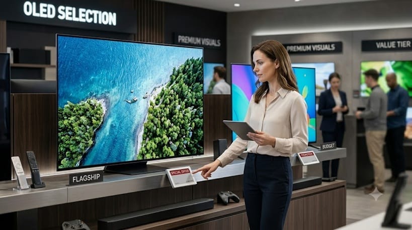 Shopper comparing OLED TV price tags in a store