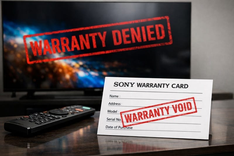 Sony OLED warranty denied — warranty card and TV close-up