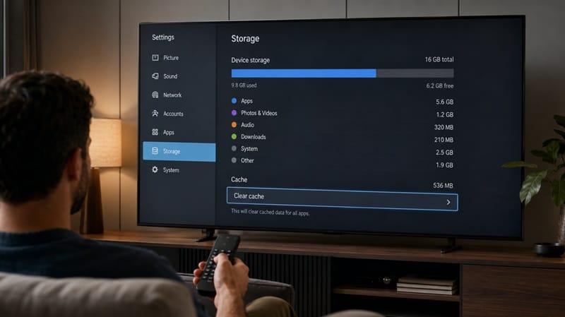 Sony TV settings menu showing storage and cache options