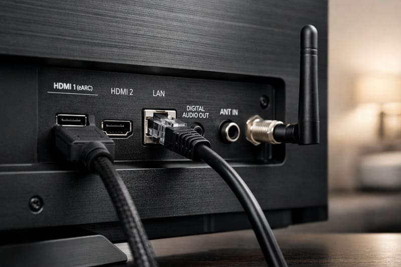TCL 75QM64L ports and design — rear connectivity panel
